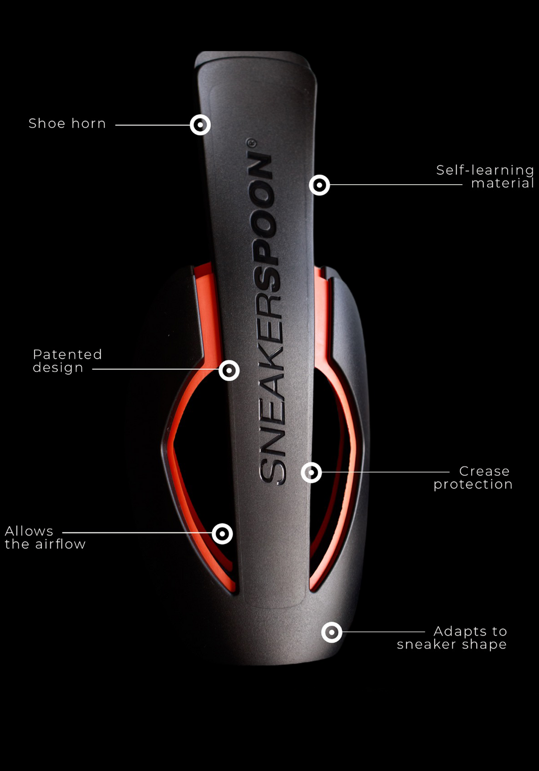 Foto van Sneakerspoon met aangegeven features zoals het voorkomen van vervorming, verlenging van de levensduur en gebruik als schoenlepel